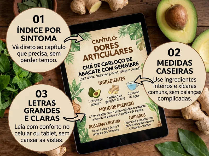 Recursos de leitura do livro: 01, índice por sintoma para encontrar o capítulo; 02, medidas caseiras com ingredientes inteiros e xícaras comuns; 03, letras grandes e claras para ler no celular ou tablet.