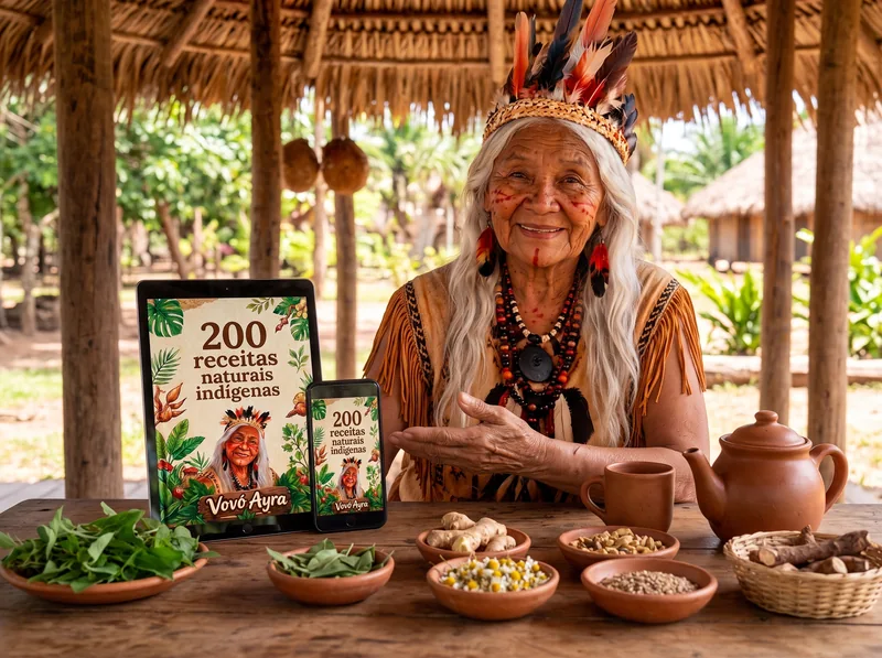 Vovó Ayra, personagem virtual, apresentando o livro 200 receitas naturais indígenas em um tablet e um celular, junto a ervas e utensílios sobre a mesa